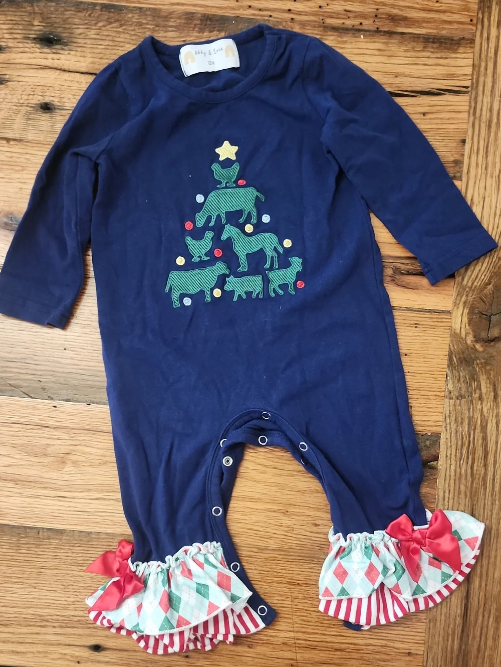 Navy Holiday Tree Ruffle Footie